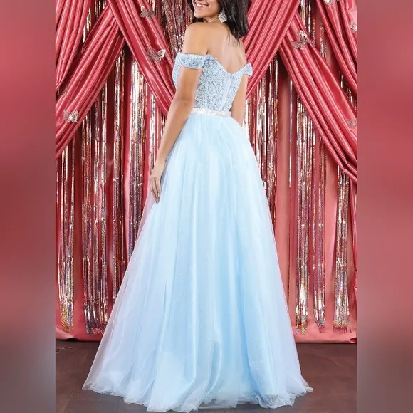 off the shoulder lace long tulle gown
