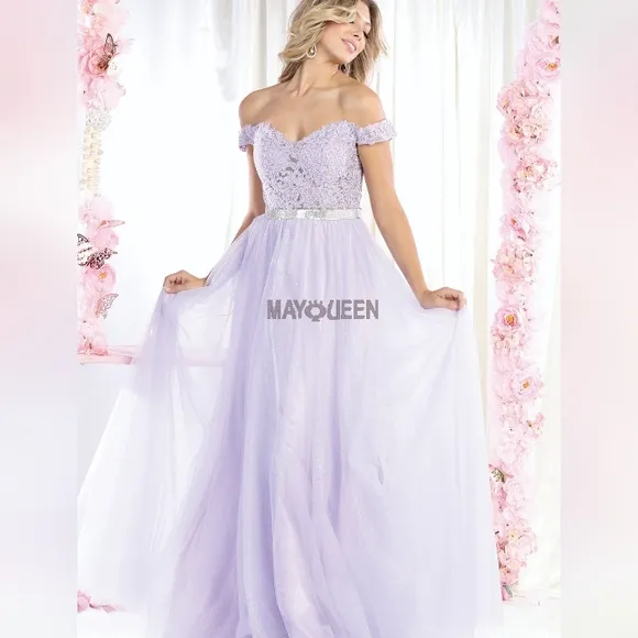 off the shoulder lace long tulle gown