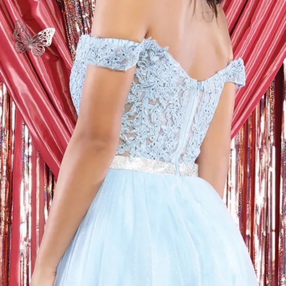 off the shoulder lace long tulle gown