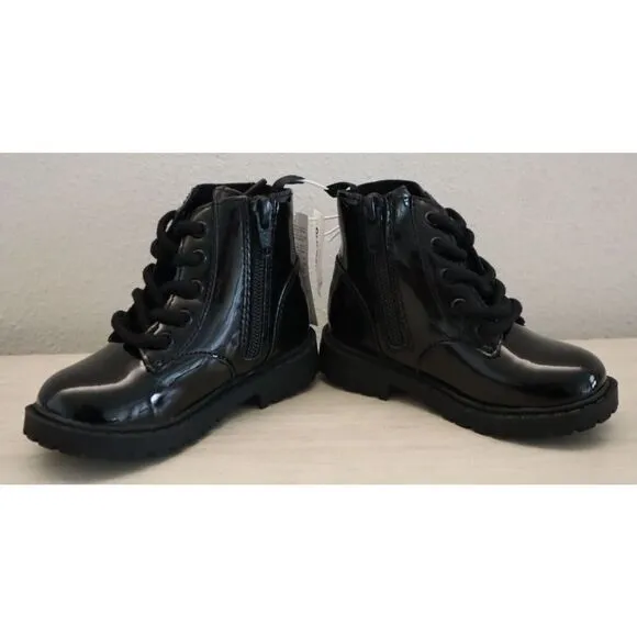 Old Navy 749932 Toddler Girl Sz 8 Black Shiny Faux-Leather Side-Zip Combat Boots