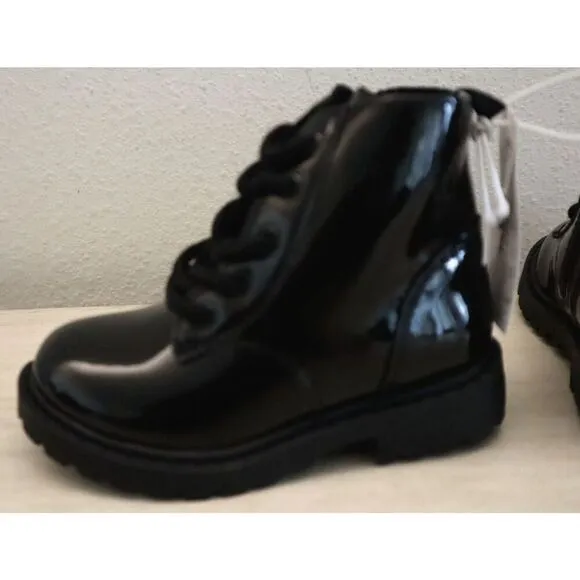 Old Navy 749932 Toddler Girl Sz 8 Black Shiny Faux-Leather Side-Zip Combat Boots