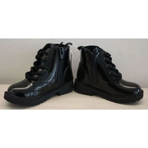 Old Navy 749932 Toddler Girl Sz 8 Black Shiny Faux-Leather Side-Zip Combat Boots