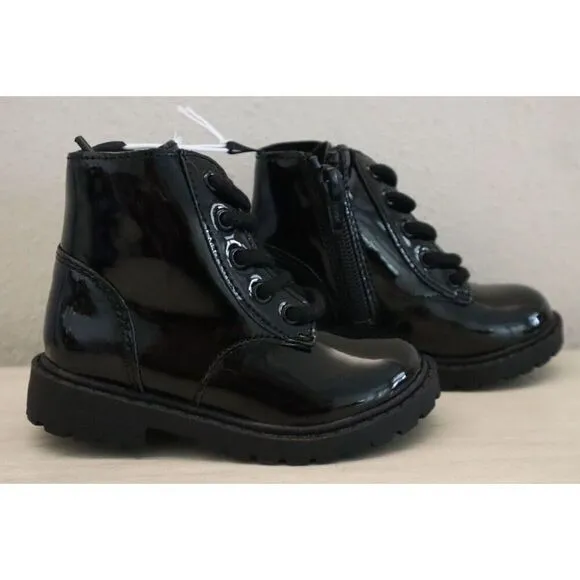 Old Navy 749932 Toddler Girl Sz 8 Black Shiny Faux-Leather Side-Zip Combat Boots