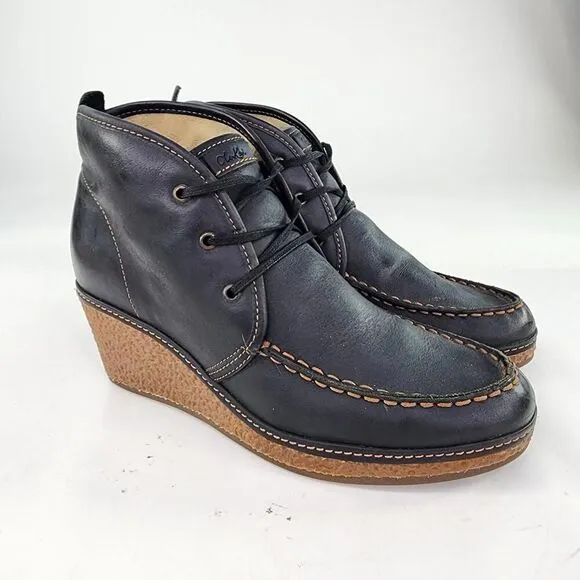 Olukai Wali Wedge Leather Ankle Boots US 7 Womens Black Moc Toe Lace-Up Booties
