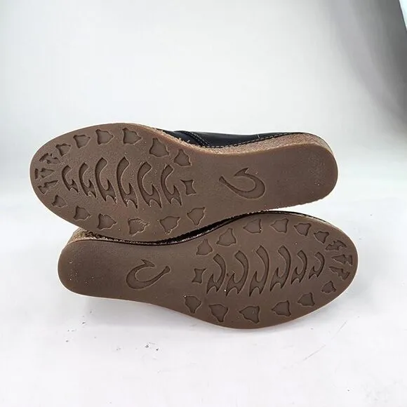 Olukai Wali Wedge Leather Ankle Boots US 7 Womens Black Moc Toe Lace-Up Booties