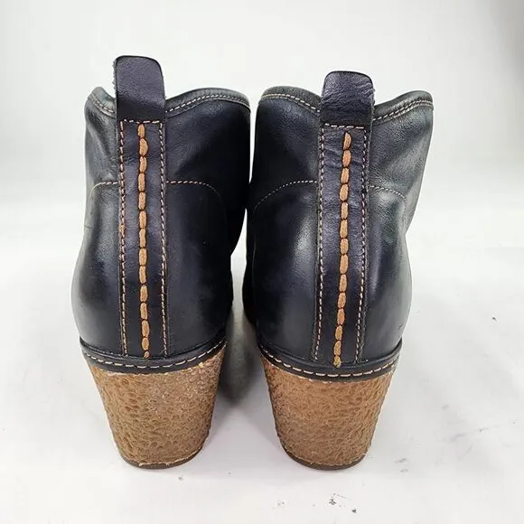 Olukai Wali Wedge Leather Ankle Boots US 7 Womens Black Moc Toe Lace-Up Booties