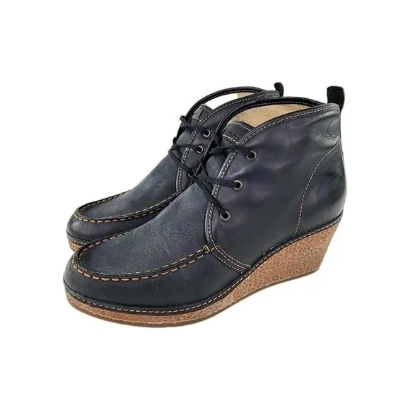 Olukai Wali Wedge Leather Ankle Boots US 7 Womens Black Moc Toe Lace-Up Booties