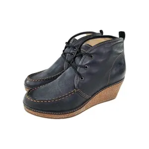 Olukai Wali Wedge Leather Ankle Boots US 7 Womens Black Moc Toe Lace-Up Booties