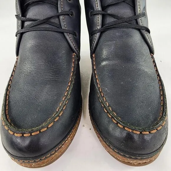 Olukai Wali Wedge Leather Ankle Boots US 7 Womens Black Moc Toe Lace-Up Booties