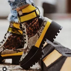 on top leopard snake combat boots