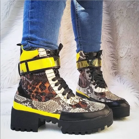 on top leopard snake combat boots