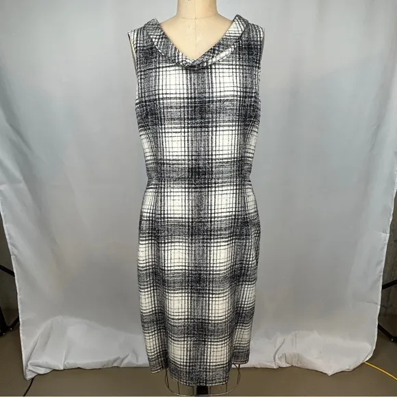 Oscar De La Renta Gray White Plaid Fleece Wool Silk Lining Cowl Neck Dress Sz 10