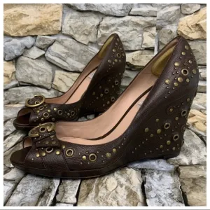 Oscar de la Renta Tulah Bronze Grommet Rivet Stud Peep Open Toe Wedge Heels Shoe