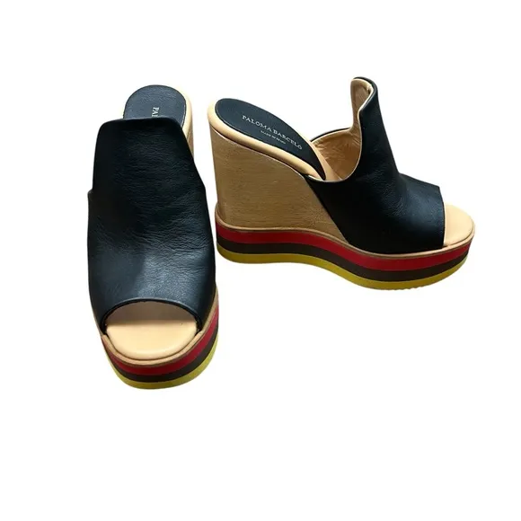 Paloma Barceló Ayumi Ximena Stripe Colorblock Platform Leather Wood Mule Wedges