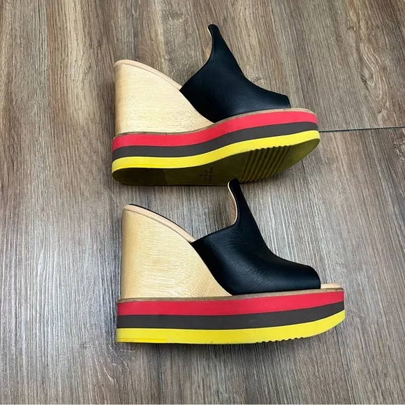 Paloma Barceló Ayumi Ximena Stripe Colorblock Platform Leather Wood Mule Wedges