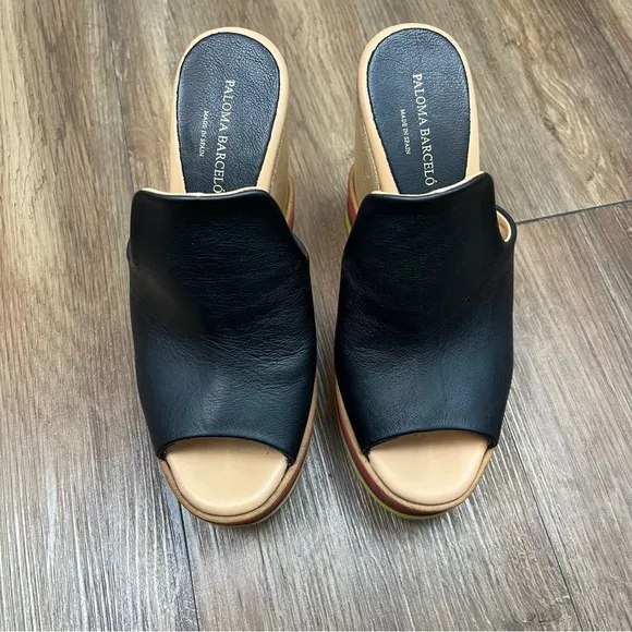 Paloma Barceló Ayumi Ximena Stripe Colorblock Platform Leather Wood Mule Wedges