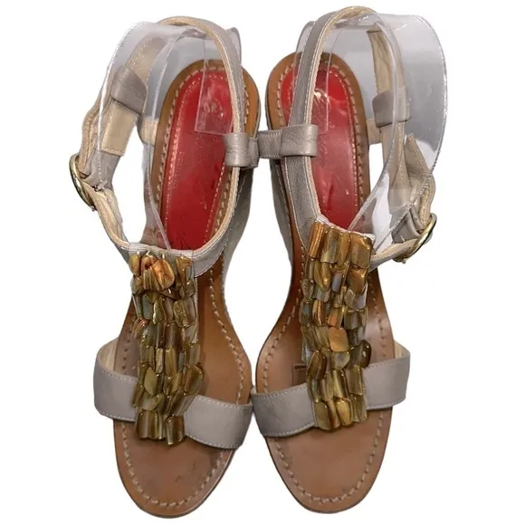 Paloma Barcelo Women’s 9 Light Gray Leatger Shell Front Strappy Heeled Wedges