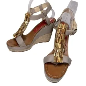 Paloma Barcelo Women’s 9 Light Gray Leatger Shell Front Strappy Heeled Wedges