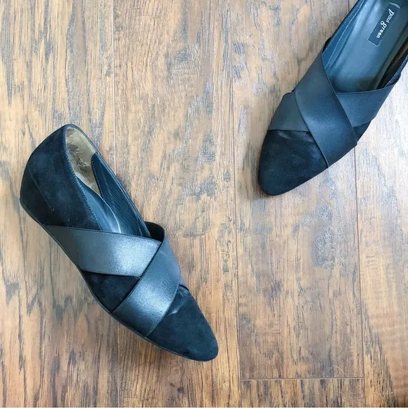 Paul Green • Daniella black suede wedges pumps heels pointed toe elastic strap