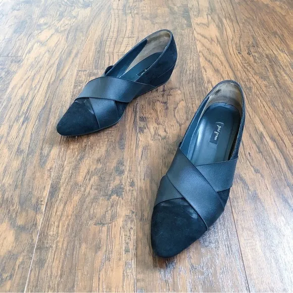 Paul Green • Daniella black suede wedges pumps heels pointed toe elastic strap