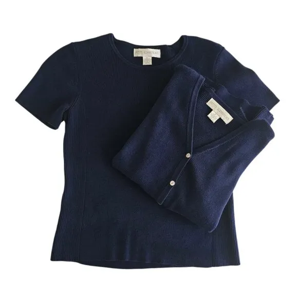 Petite Sophisticate Knit &amp; Ribbed Cardigan &amp; Top Set | EUC | XSP | Dark Blue