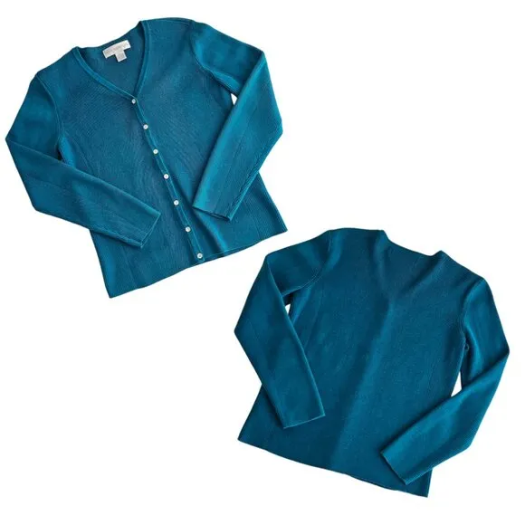 Petite Sophisticate Knit &amp; Ribbed Cardigan &amp; Top Set | EUC | XSP | Peacock Blue