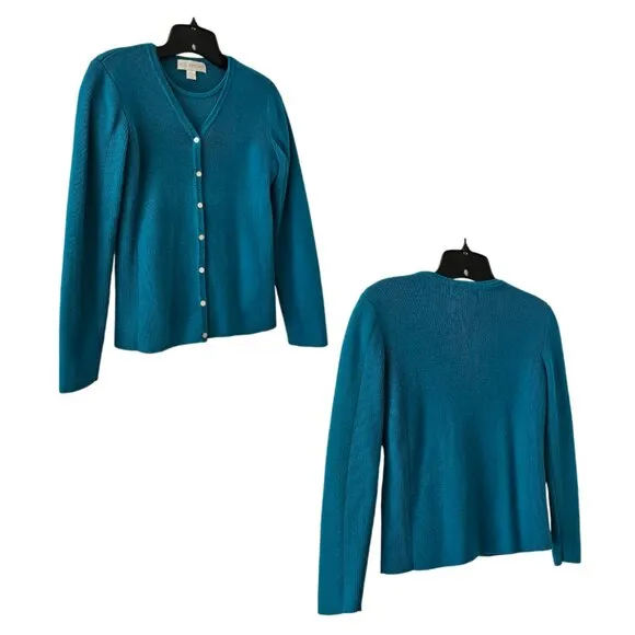 Petite Sophisticate Knit &amp; Ribbed Cardigan &amp; Top Set | EUC | XSP | Peacock Blue