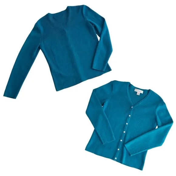Petite Sophisticate Knit &amp; Ribbed Cardigan &amp; Top Set | EUC | XSP | Peacock Blue
