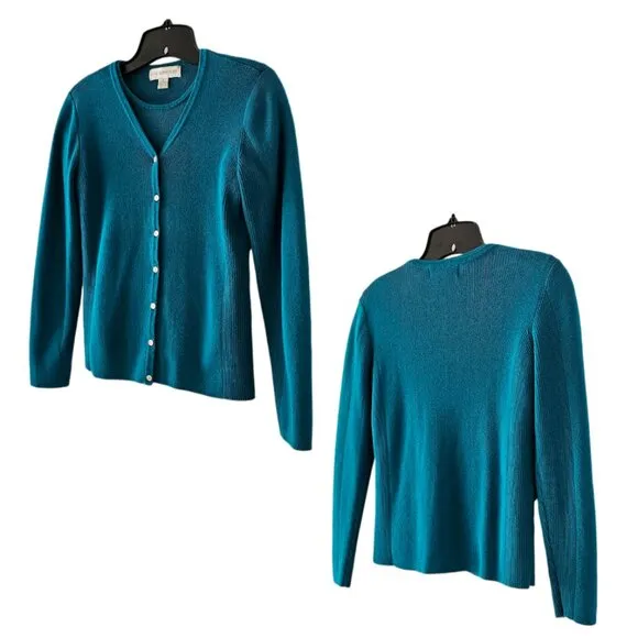 Petite Sophisticate Knit &amp; Ribbed Cardigan &amp; Top Set | EUC | XSP | Peacock Blue