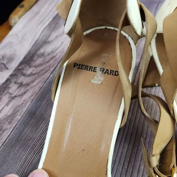 Pierre Hardy Cream/Tan Vtg Leather Ankle Wrap Block Heel Shoes Sz 40/9