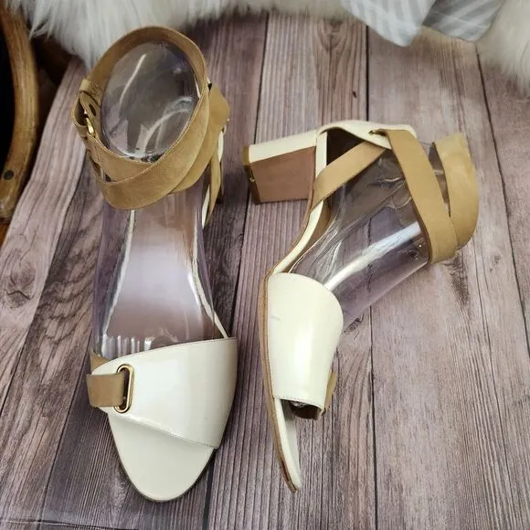 Pierre Hardy Cream/Tan Vtg Leather Ankle Wrap Block Heel Shoes Sz 40/9