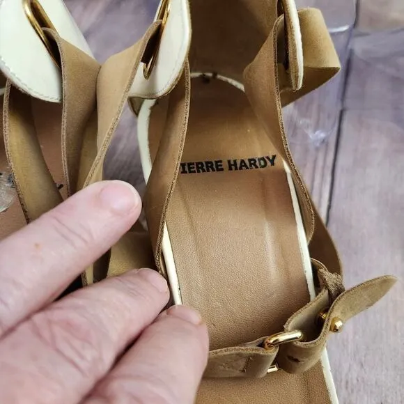 Pierre Hardy Cream/Tan Vtg Leather Ankle Wrap Block Heel Shoes Sz 40/9
