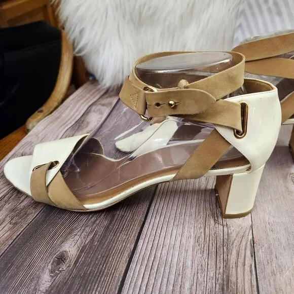 Pierre Hardy Cream/Tan Vtg Leather Ankle Wrap Block Heel Shoes Sz 40/9