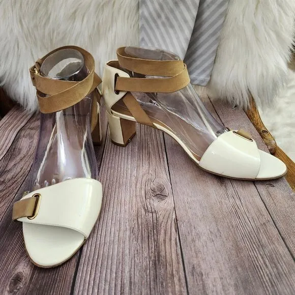 Pierre Hardy Cream/Tan Vtg Leather Ankle Wrap Block Heel Shoes Sz 40/9