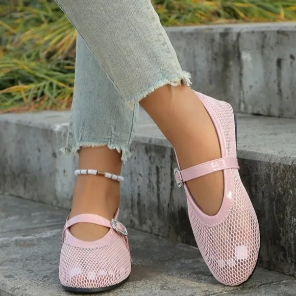 Pink Mesh Mary Jane Leather Round Toe Flat Sandals