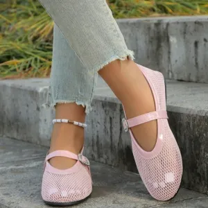 Pink Mesh Mary Jane Leather Round Toe Flat Sandals