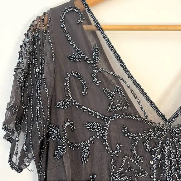 Pisarro Nights Beaded Long Short Sleeve Gown, Size 14, Charcoal Gray, NWT