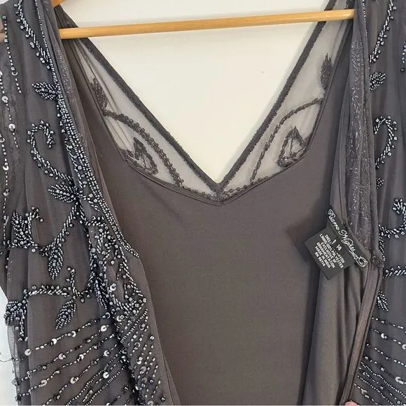 Pisarro Nights Beaded Long Short Sleeve Gown, Size 14, Charcoal Gray, NWT