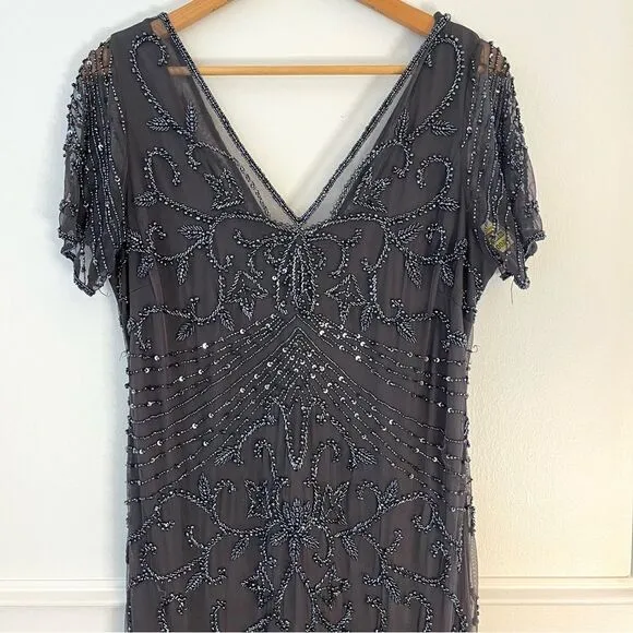 Pisarro Nights Beaded Long Short Sleeve Gown, Size 14, Charcoal Gray, NWT