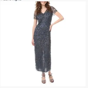 Pisarro Nights Beaded Long Short Sleeve Gown, Size 14, Charcoal Gray, NWT