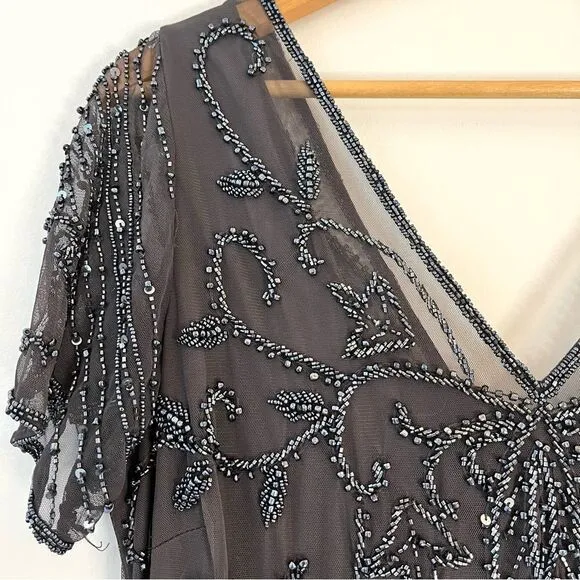 Pisarro Nights Beaded Long Short Sleeve Gown, Size 14, Charcoal Gray, NWT