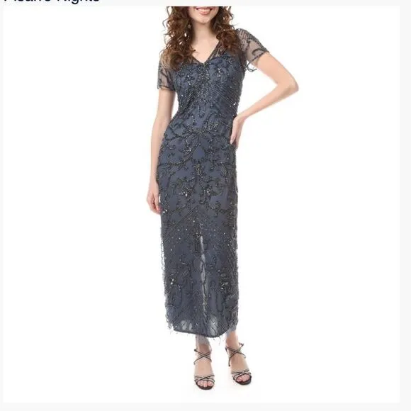 Pisarro Nights Beaded Long Short Sleeve Gown, Size 14, Charcoal Gray, NWT