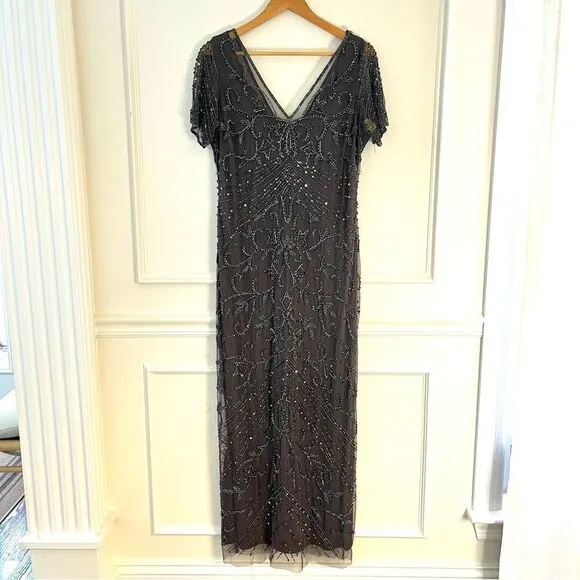 Pisarro Nights Beaded Long Short Sleeve Gown, Size 14, Charcoal Gray, NWT