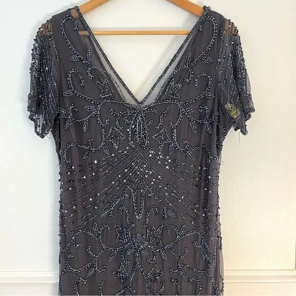 Pisarro Nights Beaded Long Short Sleeve Gown, Size 14, Charcoal Gray, NWT