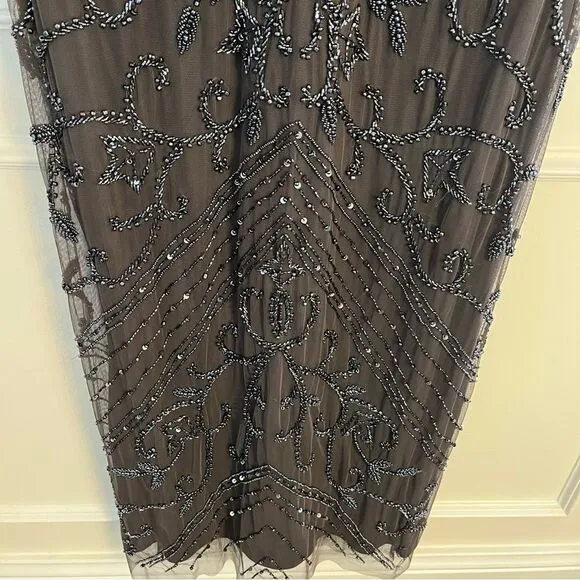 Pisarro Nights Beaded Long Short Sleeve Gown, Size 14, Charcoal Gray, NWT