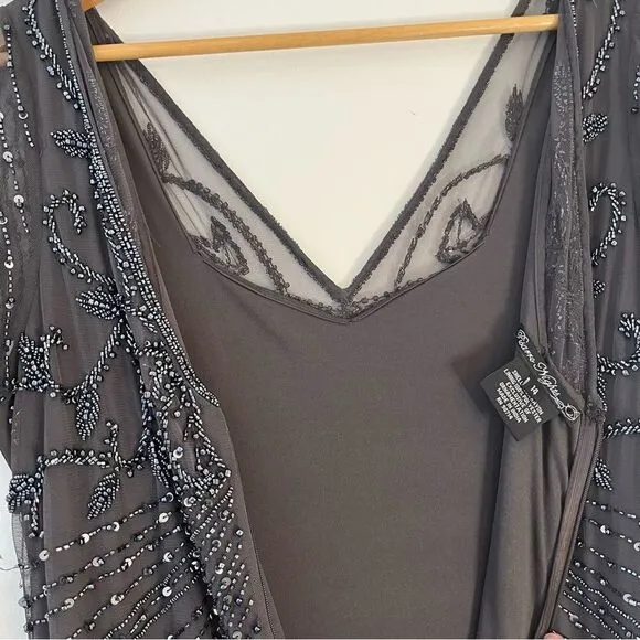 Pisarro Nights Beaded Long Short Sleeve Gown, Size 14, Charcoal Gray, NWT