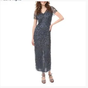 Pisarro Nights Beaded Long Short Sleeve Gown, Size 14, Charcoal Gray, NWT