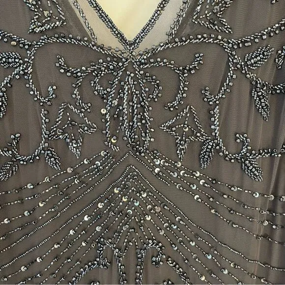 Pisarro Nights Beaded Long Short Sleeve Gown, Size 14, Charcoal Gray, NWT