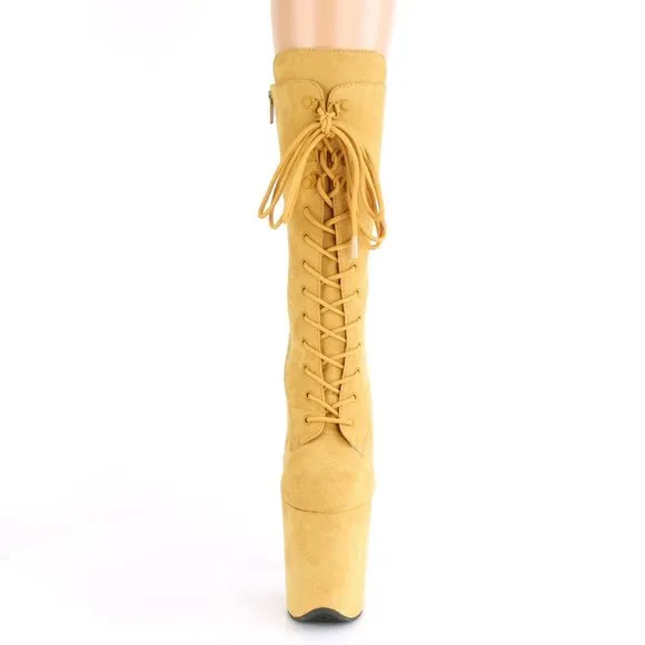 Platform Suede Lace Up Mid Calf High Heel Boots
