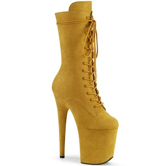 Platform Suede Lace Up Mid Calf High Heel Boots